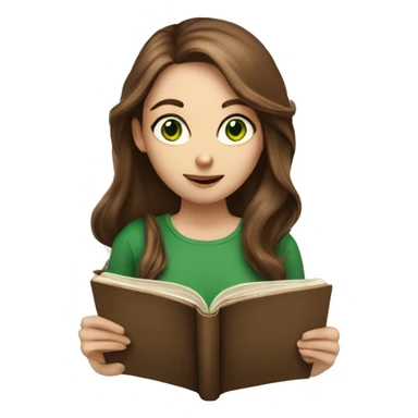 A girl with green eyes, long brown hair and fair skin reading book sticker