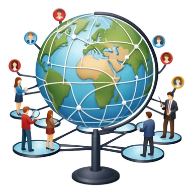 An icon featuring a group of people, a network diagram, and a magnifying glass, symbolizing sociology. The design includes a globe and interconnected lines, representing social structures and relationships. Transparent background highlights the study of societies and human behavior. sticker