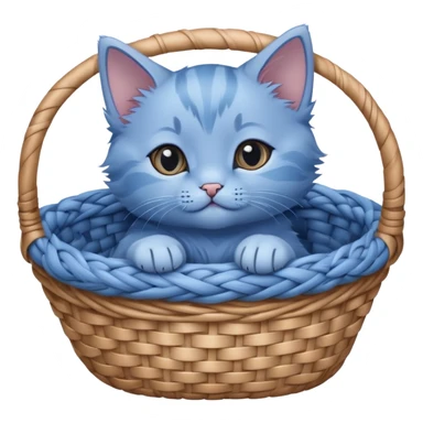 Close-up of a blue kitten lying in a basket, with no details. Minimalist design, focusing on the kitten's simple and cute form in the basket. sticker