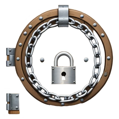 A heavy metal chain wrapped around a round wooden door with a padlock securing it sticker