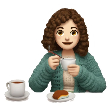 26 year old white woman with brown hair and curtain bangs. She is crocheting with a crochet hook and yarn,  a cardigan. She is sat on a couch with a blanket on her. Near her there is a cup of tea On a table sticker