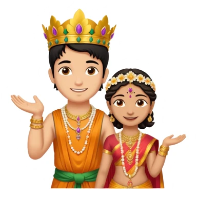 Brahmin boy is thanking to the bharatanatyam dancer. She is in lordess padmavati with golden crown and giant flower garland on her neck. The girl is fat and tall the boy is small. sticker