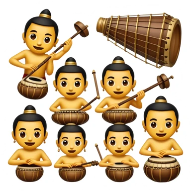 Cinematic Realistic Gamelan Pop Culture Emoji, depicted with an ensemble of traditional Indonesian instruments rendered with rich textures and rhythmic, cultural lighting. sticker
