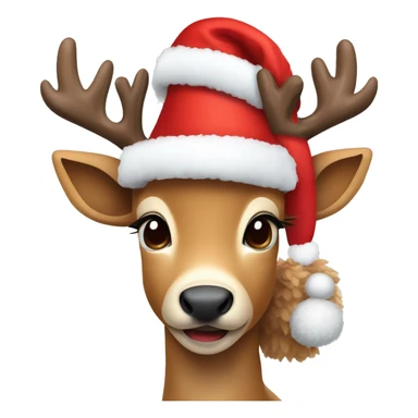 Create a cute deer emoji with soft brown fur, big kind eyes and horns. A red Christmas hat or a wreath of fir branches can be on the head to create a festive image sticker