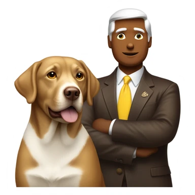 Donald trump next to a chocolate lab dog with a white stripe on chest and yellow eyes sticker