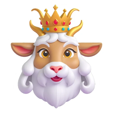 emoji-style goat face with big curved horns, a long white beard like an old wise goat, wearing a golden crown on its head, big cute eyes, cartoonish expression, majestic yet friendly look, clean and colorful digital art, simple background sticker