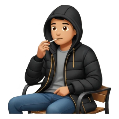 A man sitting on a chair, wearing a black puffed coat with hood, hands in his pocket, smoking a cigaret, he is on a chair, the chair is an outside coffe terrasse chair sticker