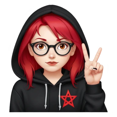 Девушка с красными волосами, красными бровями, овальные очки для зрения, черная худи с красной пентаграммой, показывает средний палец с лёгкой улыбкой  sticker