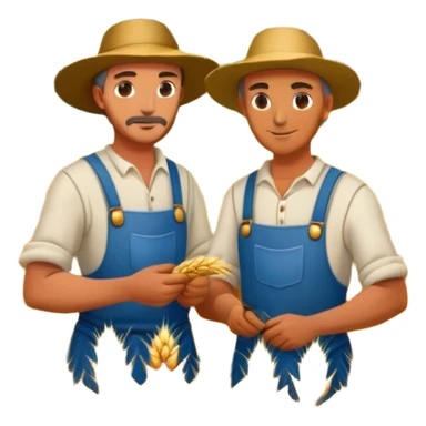 two medieval farmers, working a field of wheat crops. Surrounded by a landscape and small houses sticker