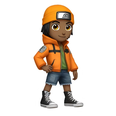 Naruto character brazilian flag, lightsskin, short straight black hair, orange jacket with a little black, a head wrap from his character, black Converse shoes, jean shorts and smiling sticker