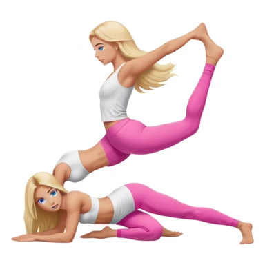 A cinematically realistic blonde with long hair and blue eyes, dressed in a white top and pink leggings, does a glute bridge exercise sticker