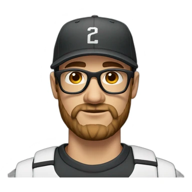 White man with brown hair and a brown beard, has thick eyebrows is wearing black sight glasses. Big nose. Half closed brown eyes. Wearing a Nike cap. Serious expression sticker