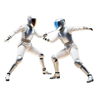 Two fencers in full protective gear duel on a professional piste, their foils clashing in mid-air. The background features a dynamic blur, symbolizing speed and precision. The scene is illuminated by bright arena lights, emphasizing the intensity of the match. Transparent background. sticker