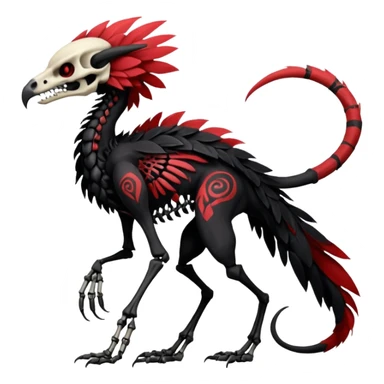 Rare realistic dark edgy evil tribal patterned red-feathered skeletal badass epic handsome gorgeous aesthetic black-skulled Vernid-Trico-Sergal-species-Fakemon-creature by LiLaiRa, 4 legs, 1 tail, random markings, (full body) sticker