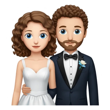 wedding couple, woman has long lightly curled brown hair and blue eyes, man has short light brown curly hair and facial hair with blue eyes sticker