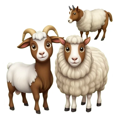 Icon for Domestic Hooved Animals: A gentle collage featuring a brown goat with large, curious eyes, a calm sheep with soft wool and a horse with a flowing mane. Background with a green pasture and a few hay bales. Transparent background. sticker