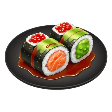 sushi roll on plate with green wasabi blob and small red chili sticker