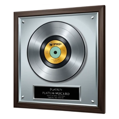A platinum music award plaque: a square, polished platinum plate with a subtly textured, mirror-like finish, mounted on a simple dark wood base. The center features a relief of a or stylized vinyl record in a slightly darker metallic tone.  sticker