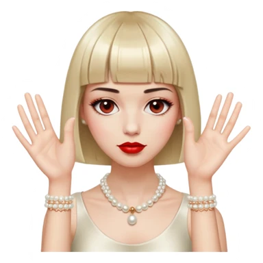  Face and Hair: The figure has a short, blunt bob haircut with straight bangs. She has long eyelashes and red lipstick  Jewelry and Accessories: The figure wears a pearl necklace and a bracelet, both depicted with small, evenly spaced circles. The right wrist has a bracelet, and the left hand is bare. Hands and Pose: Two disembodied hands are raised near the face. The fingers are splayed, creating a gesture that suggests frustration, stress, or theatrical exasperation. The posture feels very performative, almost frozen in mid-drama. sticker