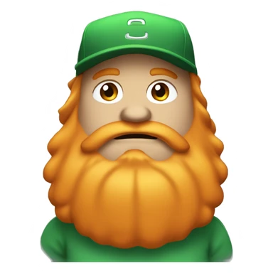 fat man with orange long hair and large beard. Green baseball cap and confident. smug expression with a slight smirk and half-closed eyes. sticker