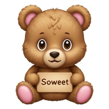fluffy teddy bear with big eyes, blushing, small sign with text 'so sweet of you' emoji style sticker