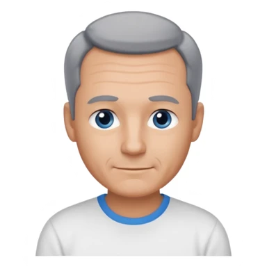 Middle aged man with tanned skin, little black to grey hair, receding hairline and no beard, blue eyes, shy smile sticker