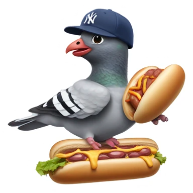 pigeon wearing New York yankee hat while smashing a hotdog sticker