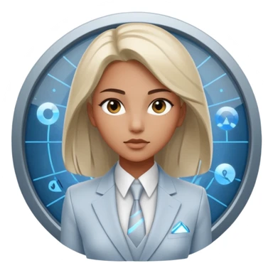 Artemis, A sleek female avatar with a focused, forensic gaze, wearing a minimalist white and silver tailored suit accented with moonlight blue. She is analyzing a transparent holographic interface displaying complex global sovereign credit data. sticker