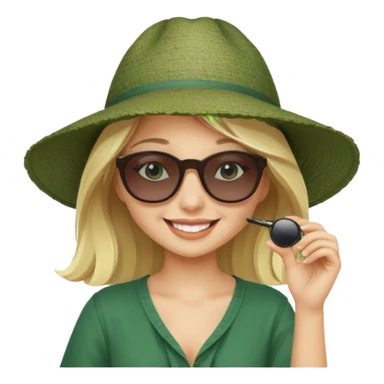 
blonde girl in dark green beach big hat adjusting sunglasses sticker