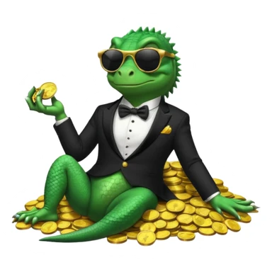 capitalist iguana banker in tuxedo and black sunglasses lying comfortly on coins sticker