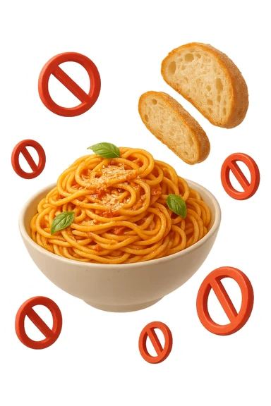 bowl di pasta e fettine di pane che fluttuano in aria con piccoli divieti 3d, sfondo bianco, iperrealistico 4k sticker