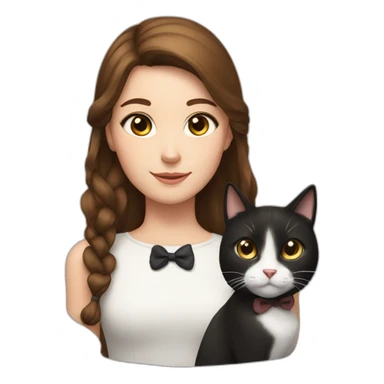 a girl with brown hair and a bow in her hair and a black and white cat next to her sticker