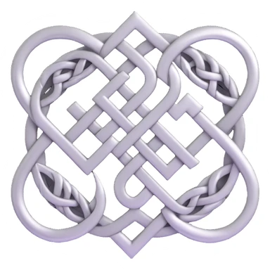 Create a karma symbol with an endless knot design featuring intricate interwoven lines. The style should be 3D silver metallic with realistic shine and depth, icon-like and balanced. No background, transparent. sticker