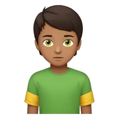 A portrait of a 14-year-old boy, he's got dark-brown hair, brownish skin and green hazel eyes. he's wearing a t-sirt with yellow sleeves. sticker