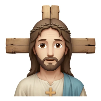 Minimalist emoji of Jesus on the cross, gentle and peaceful face, subtle wounds, simple wooden cross, soft muted colors, reverent and spiritual, serene and respectful, not exaggerated, sacred icon style sticker