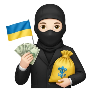 create an incredibly realistic white thief in a black suit and balaclava with a bag of money and a Ukrainian flag on it sticker