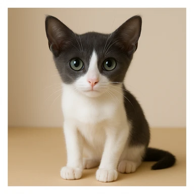 Make the kitten skinnier by about 20%, keep the fur only gray on top with no stripes, white nose and underbelly, in a realistic style with lifelike details. sticker