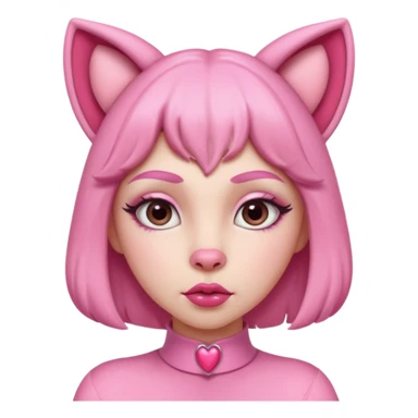 A woman dressed as a pink panther with soft pink skin, big expressive eyes, and glossy lips has a calm, pouty look. Pink animal ears and subtle heart details give her a sweet, playful vibe sticker