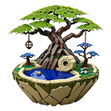 Alien Lego spacecraft hanging jungle-vines mountain-island landscape antique mudman very old broken cracked intricate Stone Age rocky-crusted irregular dodecagon-shaped shallow dark moss rough bark blue willow flowered maple tree bonsai pot sticker