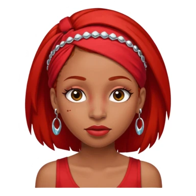 light-skinned black girl with long eyelashes with long strait dark brown hair with edges wearing a red top with no sleeves. and a red accessory on her head with nose and mouth piercings. sticker