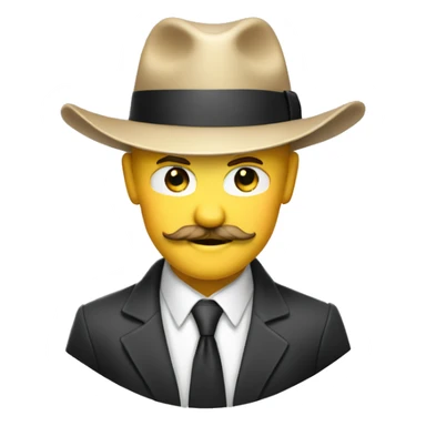 A blond white man with a suit, a tie, a fedora hat, a mustache, and a devilish smirk sticker