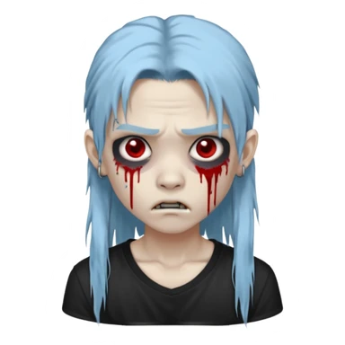  3D emoji-style avatar with very pale blue-grey zombie skin , a young Asian face, and large eyes with blood tears. Give it white litle bit messy long mullet hair style , silver hoop earrings, and a plain black T-shirt. The face expression should be slightly angry, with vampire fang sticker