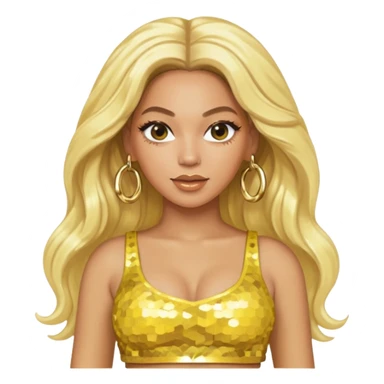Beyonce with long platinum blonde hair, yellow sequin crop top yellow sequin skirt, gold earring sticker