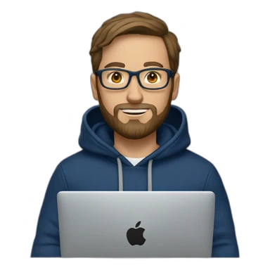 Brown hair white man with a beard and round glasses typing on apple computer wearing a dark blue nike hoodie sticker