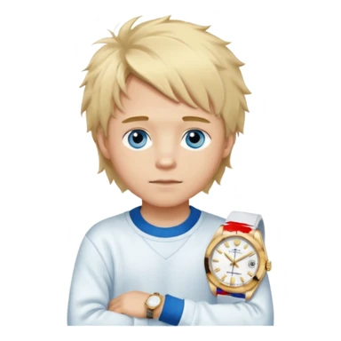 Create a look for a blond boy with long, tousled hair, light eyes, a white sweater, a wealthy appearance, blue eyes, and accessories like a Rolex or Cartier watch, and a cute face with messy hair down. blue eyes + + pajama white fluffy + cap fluffy sticker