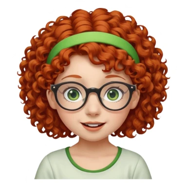 redhead kid with unique face features and very curly hair kid girl happy and big glassess and big nose and very green eyes and headband sticker