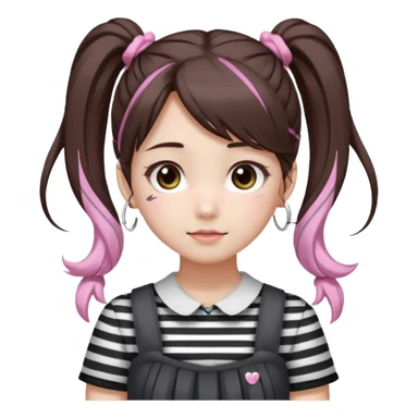 jirai kei, девушка с длинными темно каштановыми волосами и несколько розовых прядей по всей голове в разных местах, прическа два высоких хвоста заплетённые пушистыми белыми резинками. милое лицо. с sticker