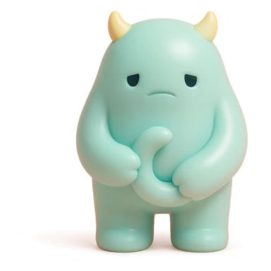 small monster with drooping shoulders, holding its own tail, gentle lighting, subtle colors, toy-like vinyl figure style sticker