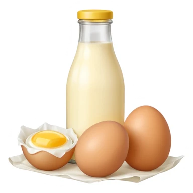 A cluster of dairy items: a milk bottle with an eggs and butter sticker