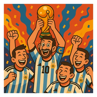 Make Messi look even more cartoonish and exaggerated, with larger eyes and expressive features, lifting the World Cup above his head, surrounded by teammates, joyful expression. sticker